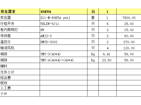 80KVA箱式变电站中变压器室造价？